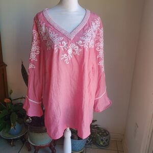 Alfred Dunner Rose Embroidered V-Neck Top Sz 1x Long Slevee.